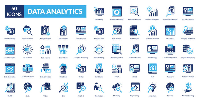 data analytics fill icon set collection. Data Visualization, Analytics Dashboard, Big Data Processing, Predictive Analysis, Machine Learning, Data Mining, Statistical Modeling, Real Time Analytics