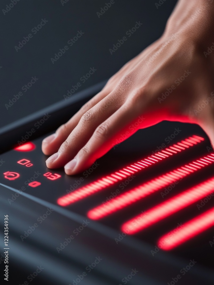 Poster Interactive Fitness Tech Touchscreen Treadmill Console with Real-Time Metrics - Streamlined Design for Urban Wellness and Home Workout Enthusiasts