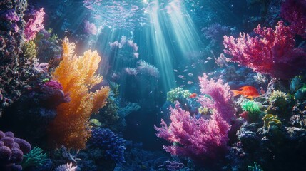 Naklejka premium Vibrant Underwater Coral Reef Paradise: Sunbeams Illuminate a Colorful Ecosystem