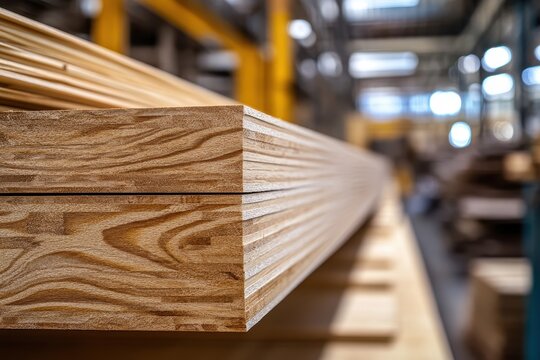 Close-up of layered wooden planks in a factory. Shows the high quality and detail of engineered wood products for construction.