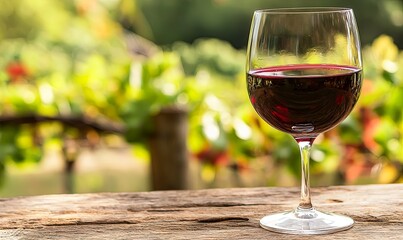 Red wine glass on rustic wood table in vineyard, celebrating harvest