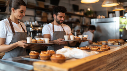   partners working on orders in a cafeteria.
