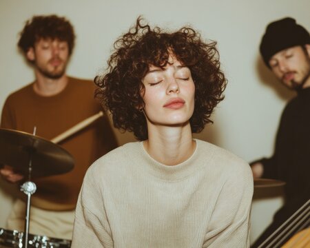 Cozy Home Studio Music Session Dynamic Band Rehearsal with Textured Soundproofing - Creative Startup Innovation and Modern Artistic Collaboration