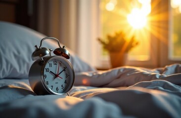 A digital alarm clock on a bedside table, displaying the shift in time as the sunlight peeks through the curtains, signaling the start of longer days. Daylight saving time concept