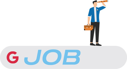 Businessman climb up ladder of job search bar with binoculars to see opportunity. Looking for new job, employment, career or job search, seek for vacancy or work position