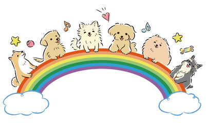 笑う犬たちとカラフルな虹のイメージイラスト（ペットショップ、犬の幼稚園、ドッグスクールなど）