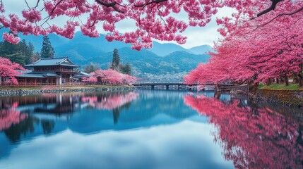 Fototapeta premium Tranquil cherry blossom scenery in Japan, full bloom sakura reflecting in the water.