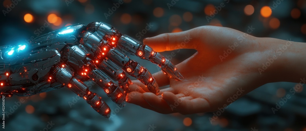 Poster Human and Robot Connection in Cyberpunk Future with AI Technology and Big Data Innovation