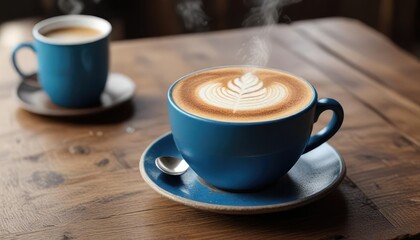 Fototapeta premium Blue ceramic cup with steaming hot cappuccino on a worn wooden table, cozy cafe scene, natural lighting