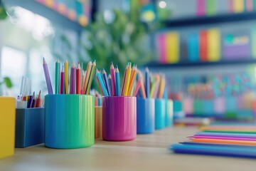 Fototapeta premium Colorful pencils in vibrant holders on a desk. Perfect for education, creativity, and back-to-school themes.