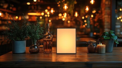 Minimalistic Restaurant Scene Blank Menu Wooden Table Soft Lighting Bokeh Background