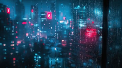 Obraz premium Rainy city night seen through a wet window. Perfect for melancholic, moody, or atmospheric projects.