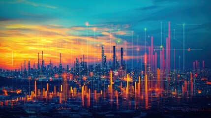 Fototapeta premium Industrial City Skyline at Sunset with Data Visualization Elements