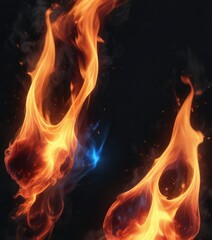 Brilliant blue and red flames engulfing a dark background, burning mist, intense heat, glowing embers
