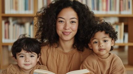 Cozy Classroom Storytelling Latina Educator Engages Young Children on Rug in Sunlit Library - Enhancing Early Literacy and Creating Diverse Learning Spaces