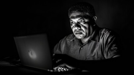 Moody Industrial Office Vibes Determined Asian Entrepreneur at Laptop Under Dim Light - Nighttime Productivity Boost for Urban Business Growth in Tech and Digital Sphere