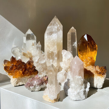 collection of quartz crystals, including transparent, golden and smoky varieties. 