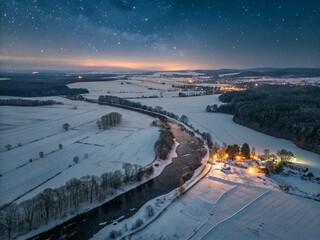 Aerial Night Winter Snow Countryside: Serene Snowy Landscape at Dusk