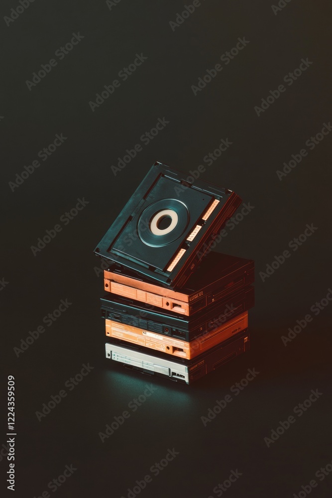Poster Minimalist Retro Tech Display Floppy Disks, CD-R, Cassette on Matte Black - Nostalgic Content Creation and Tech Heritage Curation in Digital Marketing