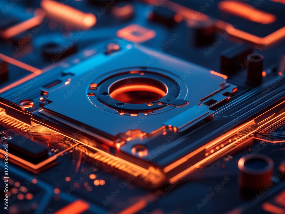 Poster futuristic tech aesthetic close-up of circuit components on neon-lit motherboard for digital marketi