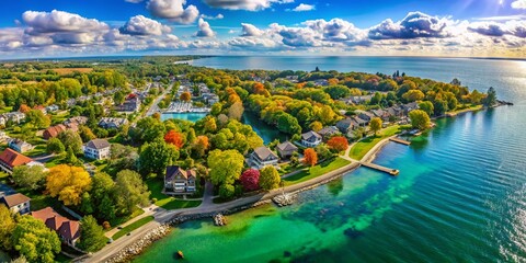 Fototapeta premium Aerial Panorama of Bronte, Oakville, Ontario: Stunning Lake Ontario Views & Waterfront Homes