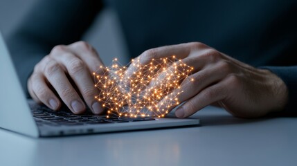 Sleek Digital Finance Interface Hands Typing on Laptop with Glowing Crypto Icons and Blockchain Web - Innovative Fintech Imagery for Modern Business Solutions