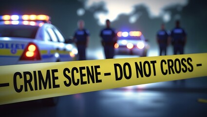 Crime scene barrier tape in a dark, suspenseful setting. Perfect for mystery-themed projects, thriller designs, or storytelling visuals with an eerie and dramatic atmosphere.