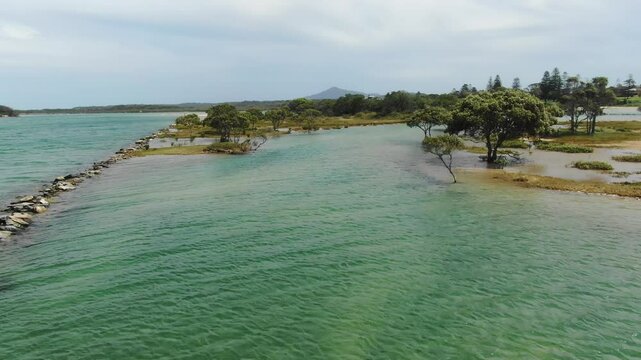 Bellinger River flowing through lush greenery, ideal for nature or travel visuals, Urunga, New South Wales, Australia. Aerial forward