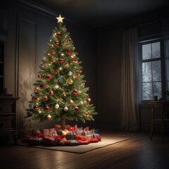 Christmas tree decorated with ornaments and lights in a dark room, lights, decorations, twinkle lights