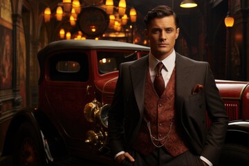 Stylish man confident appearance: strict gentleman style, 1920s fashion, England elegance, Chicago icon influence, vintage suit, late XIX century, early XX century, dapper look, historical flair.