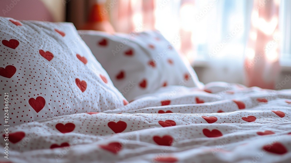 Poster soft sheets with scattered red hearts create a warm and inviting atmosphere in a sunlit bedroom, per