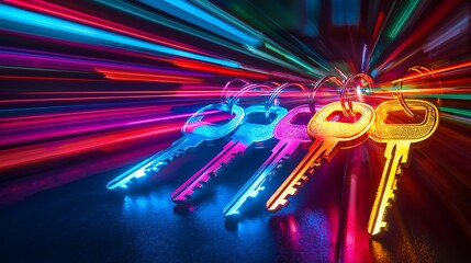 A set of keys with glowing colorful light trails high quality 