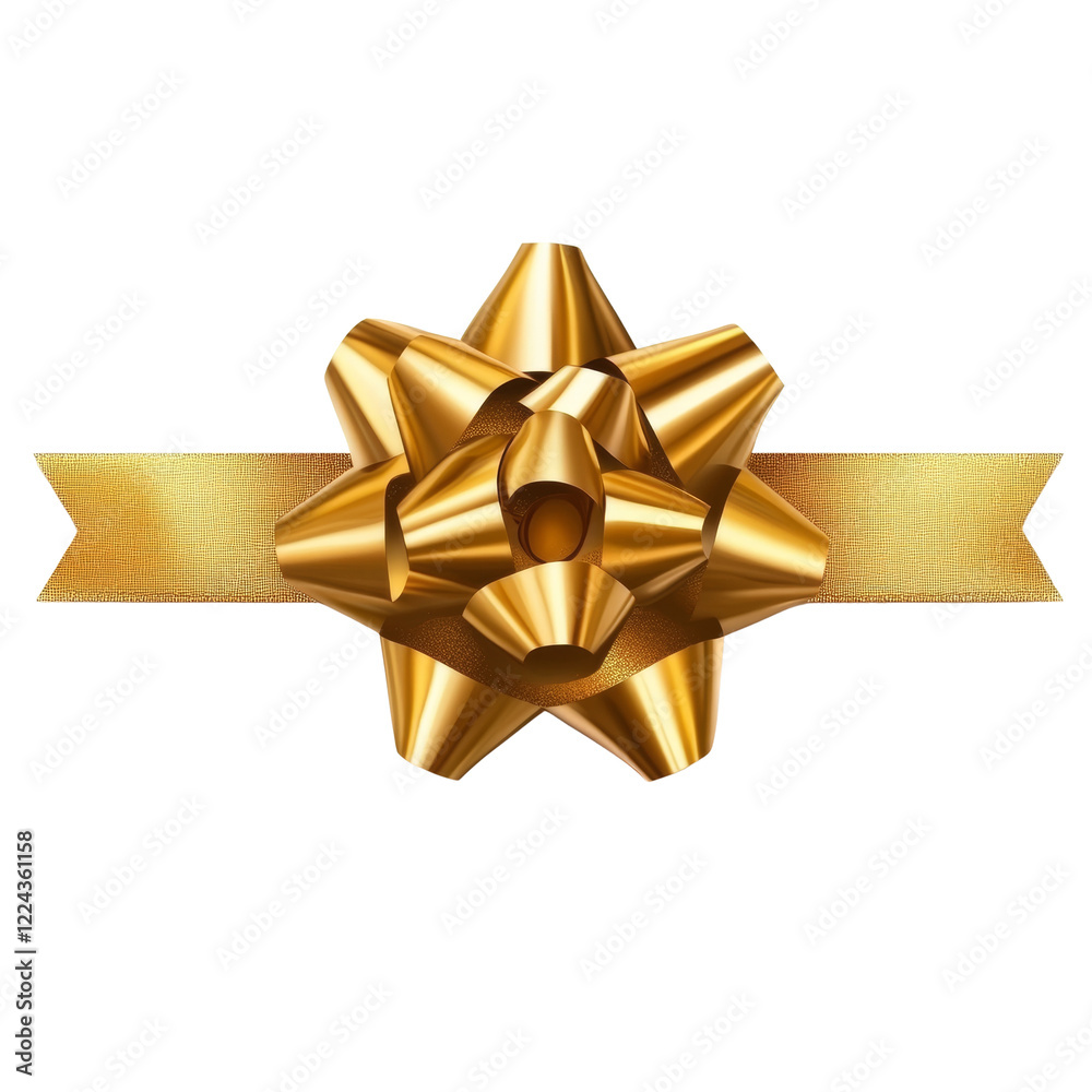 Poster a digitally rendered image showcases a large golden bow tied neatly onto a gold ribbon against a tra