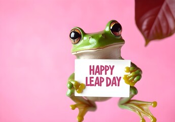 Cute Green frog on the pastel background. 29 February leap year day concept.