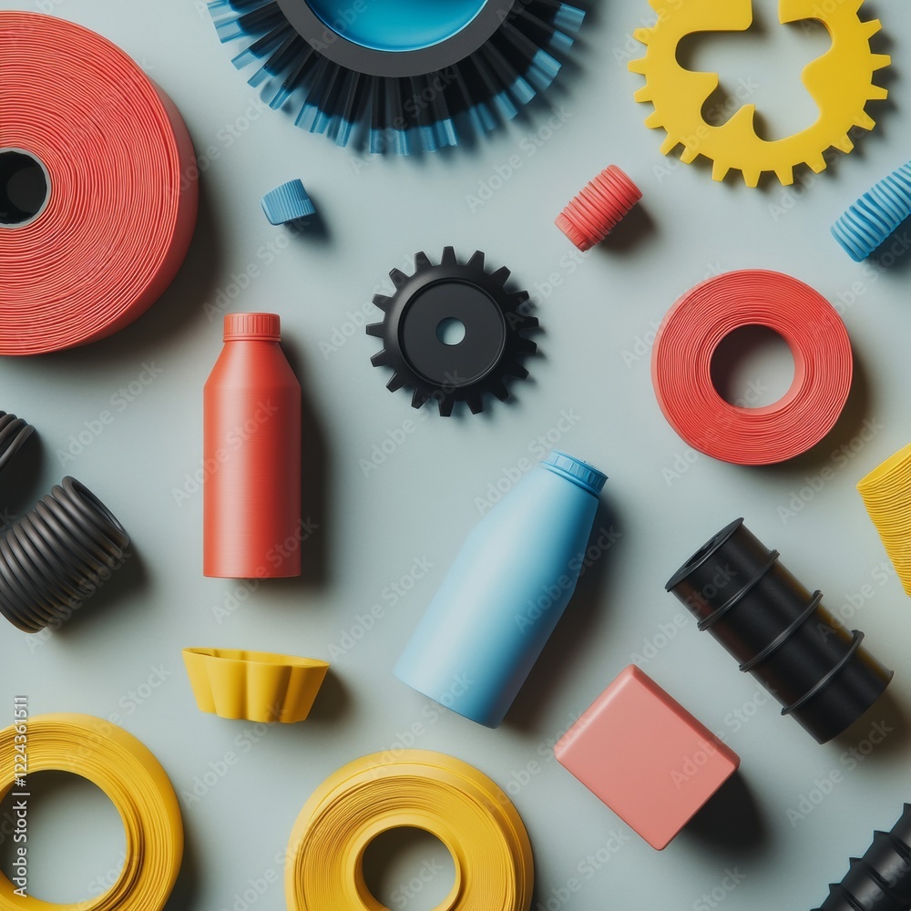 Poster Vibrant Tech Prototyping Bold Filament Rolls and Resin Bottles on Minimalist Surface for Innovative Printing Industrial Design and Eco-minded Manufacturing