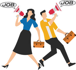Communicate message. announce job vacancy for recruitment. shout out promotions or company communications. Two business people jump and hold megaphones and briefcase