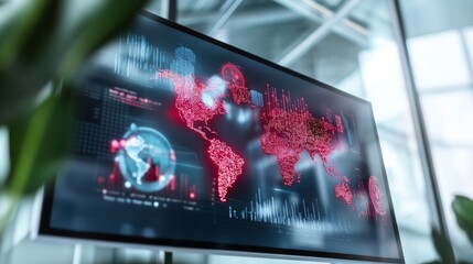 Contemporary Workspace Design Diverse Colleagues Analyzing Global Transparency on Digital Infographic Screen - Business Innovation for Enhanced Collaboration in Bright Modern Offices