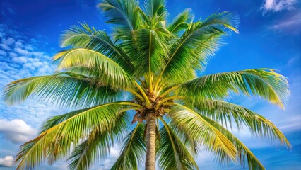 Close-up of a coconuts palm tree with large, feathery fronds and a sturdy trunk, against a bright blue sky, tropical, island, beach