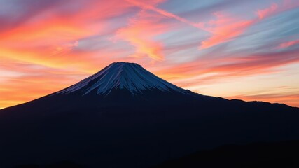 Majestic Mount Fuji bathed in vibrant colors of a breathtaking sunset, mountain scenery, mount fuji, natural beauty