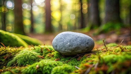 Close-up of a single grey stone sitting on a moss-covered forest floor, earthy tones, botanical, pebbles, stones