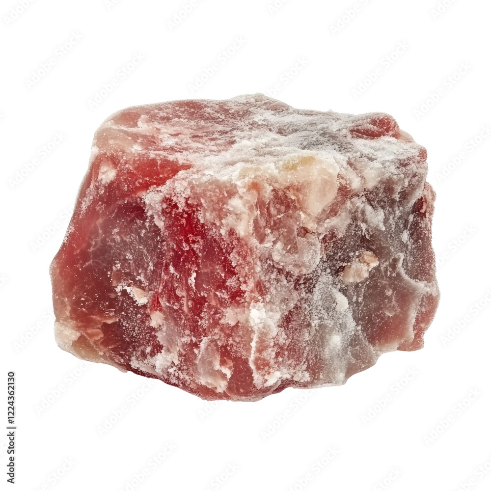 Poster a close-up view of a single, square piece of red turkish delight, coated in a layer of sugar.