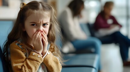 The girl has the flu and is waiting in the hospital waiting room to be called by a doctor.
