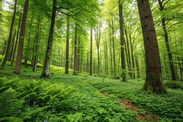 Fototapeta premium Lush forest floor with tall trees and vibrant foliage, outdoors, trees, forest floor, foliage, vegetation