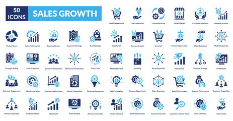 sales growth fill icon set collection. Revenue Increase, Market Expansion, Customer Acquisition, Sales Funnel, Upsell Opportunity, Lead Generation, Conversion Rate, Target Market, Customer Retention