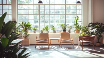 Fototapeta premium Bright modern office space with large window and minimalist furniture, indoor plants create calm atmosphere