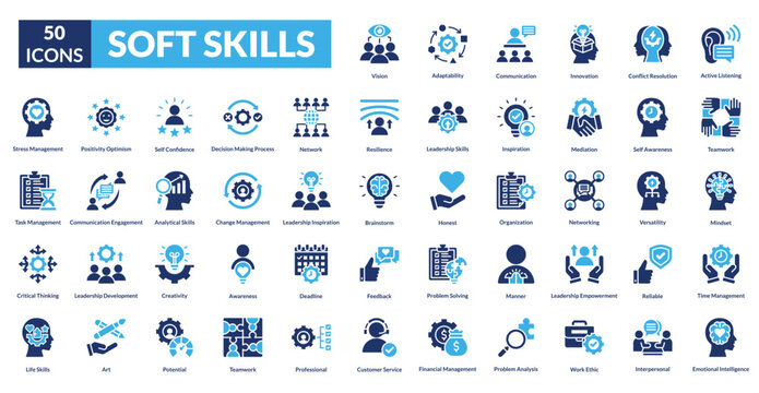 soft skills fill icon set collection. Active Listening, teamwork, Mindset, Time Management, Emotional Intelligence, Vision, Adaptability, Communication, innovation, Conflict Resolution