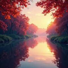 Softly glowing hues of orange and pink in the background of the Orwell River, river, leaves