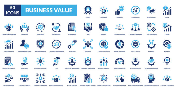 business value fill icon set collection. Profit, Growth, Efficiency, Innovation, Customer Satisfaction, Quality, Reputation, Reliability, Sustainability, Brand Identity
