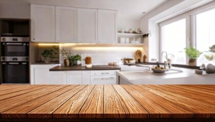 A sleek and inviting kitchen table background featuring a wooden countertop with a blurred, clean white interior and soft bokeh effects. 