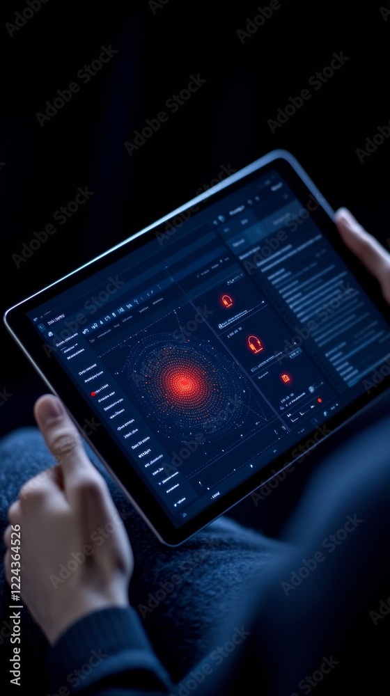 Poster Cybernetic Home Control Display Dark Mode Interface on Tablet for Real-Time Energy, Lighting and Security - Smart Living Dashboard for Tech-Driven Home Efficiency